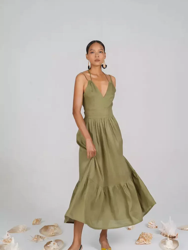 Lady Deep V Neck Long Casual Linen Dressはファッション界に旋風を巻き起こしていますか？