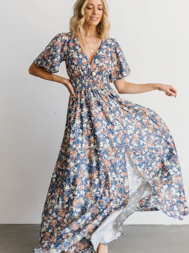 Printed Floral Chiffon V-Neck Short-Sleeved Maxi Dress