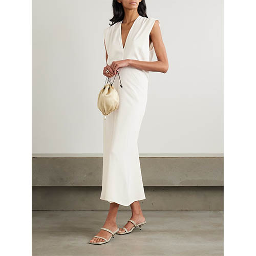 テーラード アイボリー ノースリーブ ディープ V ミディ ドレス